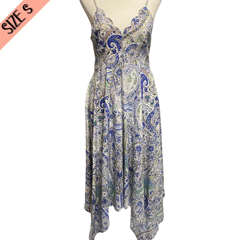 Alya Blue/White Boho Paisley Babydoll Asymmetrical Hem Flowy Dress Sz S